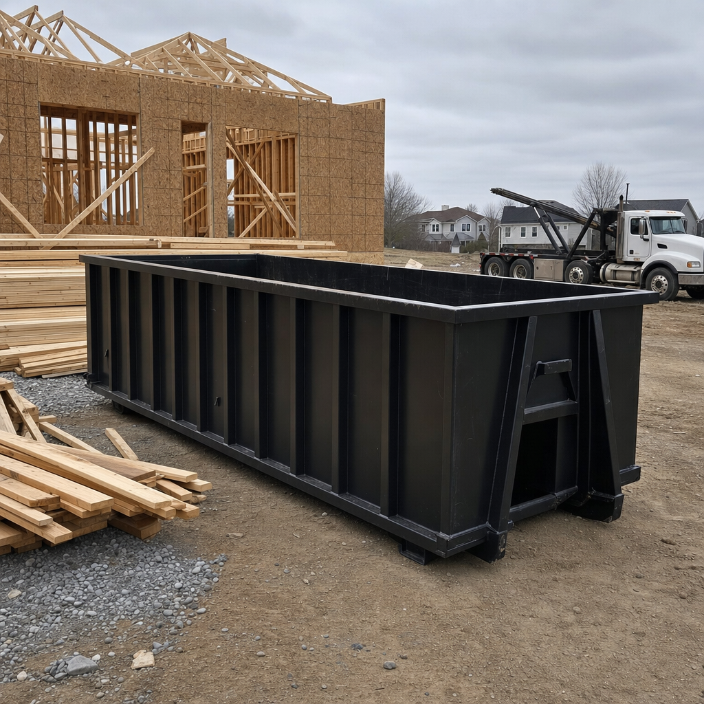 Matte-black 40-yard roll-off dumpster staged on a framed-out residential construction site in Miramar, framing lumber stacked nearby, hooklift delivery truck visible in the background under bright Colorado daylight