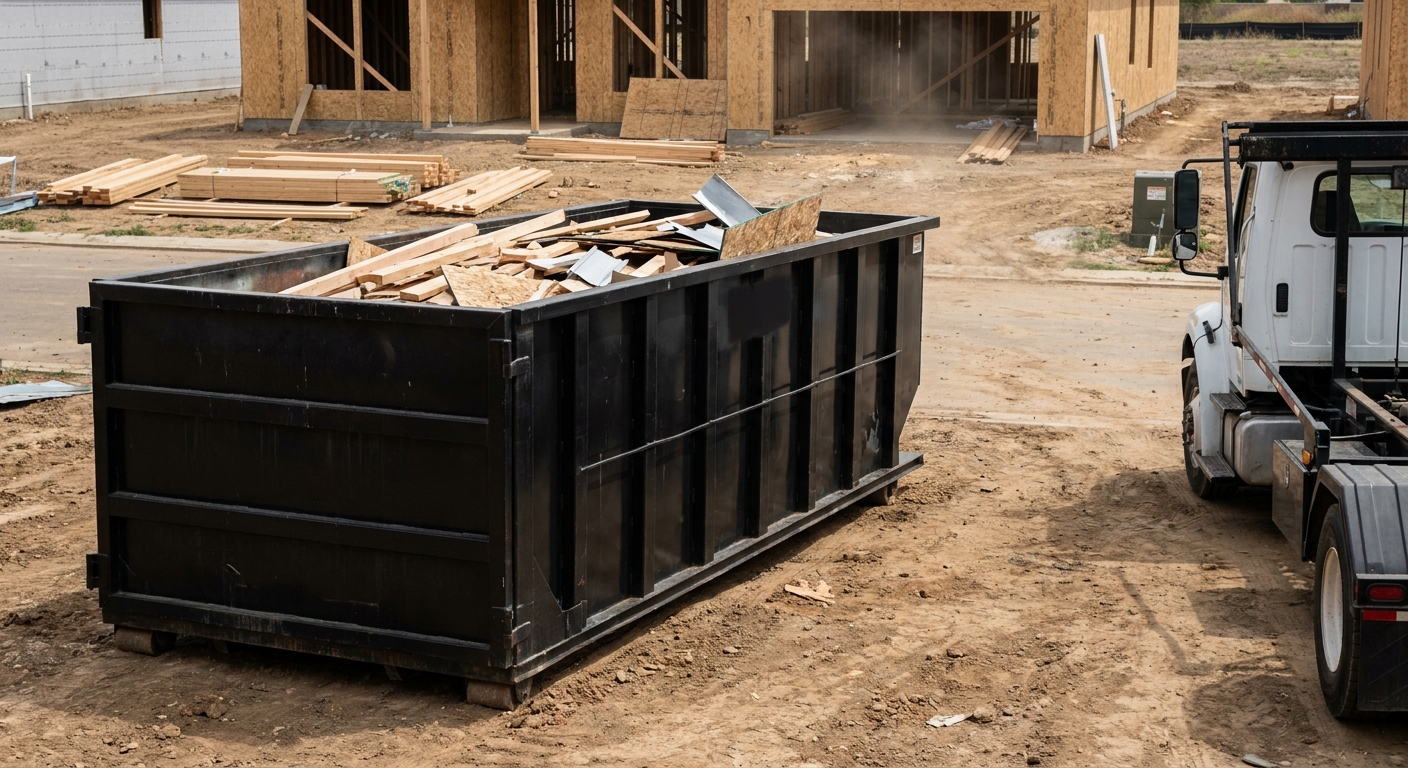 Matte-black 20-yard roll-off construction dumpster with heavy ribbed steel sidewalls and swing rear doors at a working jobsite in Miramar, sitting directly on compacted dirt with an unmarked white hauler partially visible at the far edge of the frame.