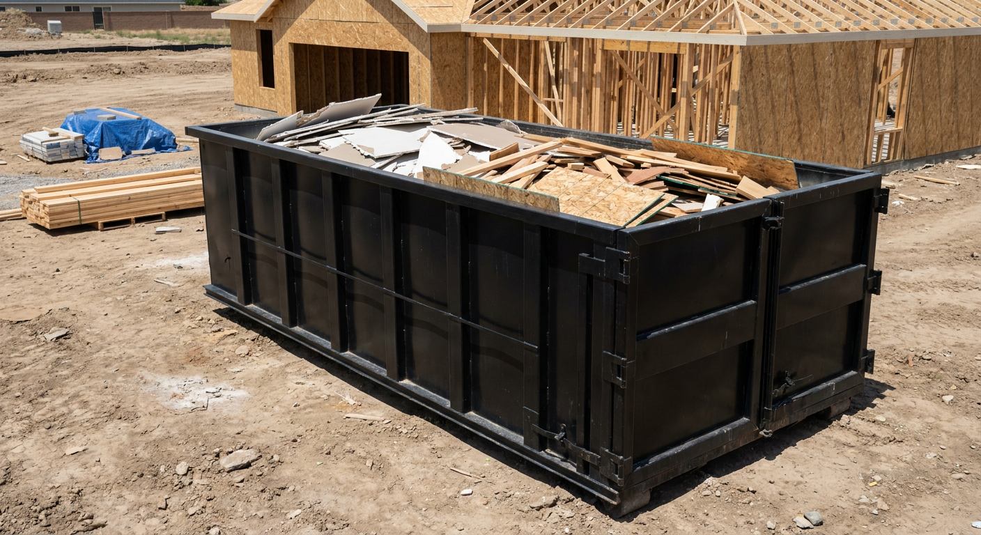 Matte-black 30-yard roll-off construction dumpster sitting directly on the compacted-dirt site of a framed single-family home build in Miramar, drywall and lumber scrap loaded inside.
