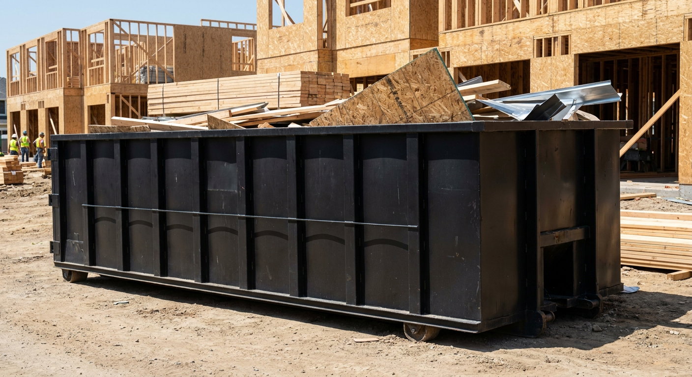 Matte-black 40-yard roll-off construction dumpster being lowered from a white-cab hooklift delivery truck onto the compacted-dirt jobsite at a commercial build site in Miramar