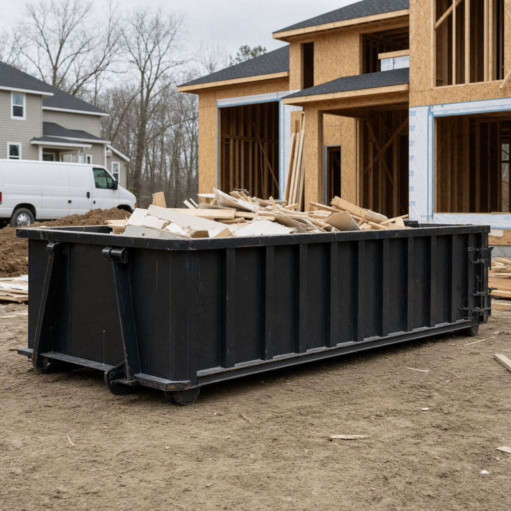 Worker in a yellow high-visibility vest tossing framing lumber and broken drywall into a matte-black 30-yard construction roll-off dumpster on an active build site in Miramar, bright daylight