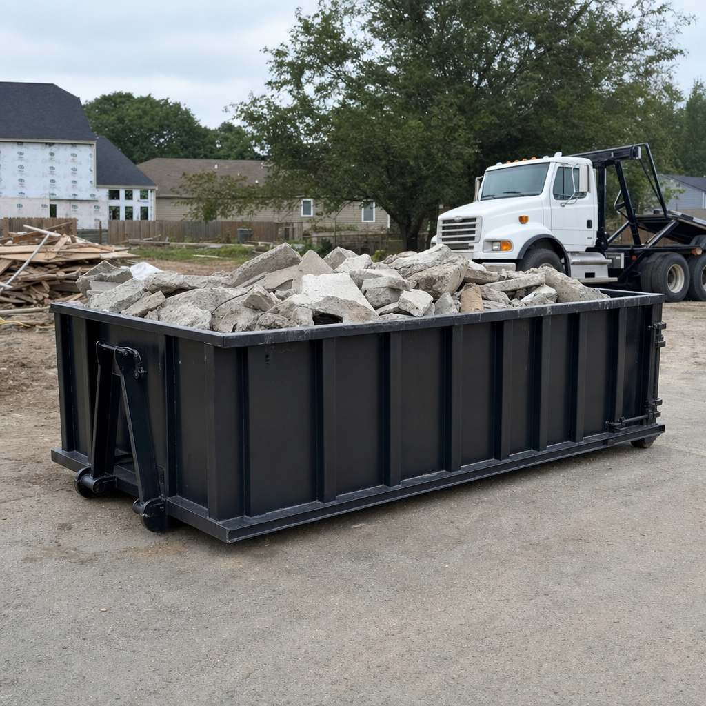Low-profile matte-black lowboy roll-off dumpster loaded with broken concrete slab and rebar at a foundation tear-out in Miramar, skid steer parked beside it, sunny Colorado morning