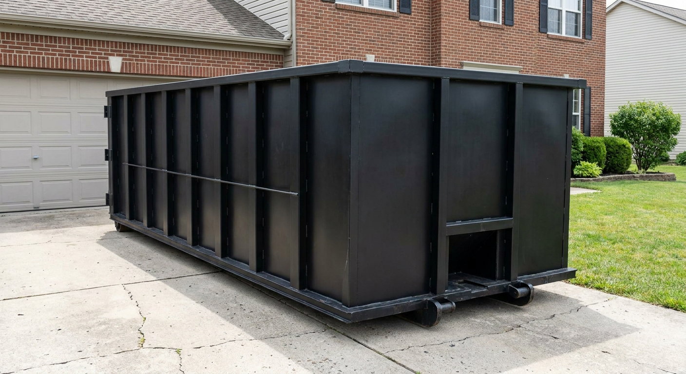 Matte-black 20-yard roll-off container on a Miramar residential concrete driveway with reinforced ribbed steel sidewalls and a hinged rear walk-in door, clean bright daylight.