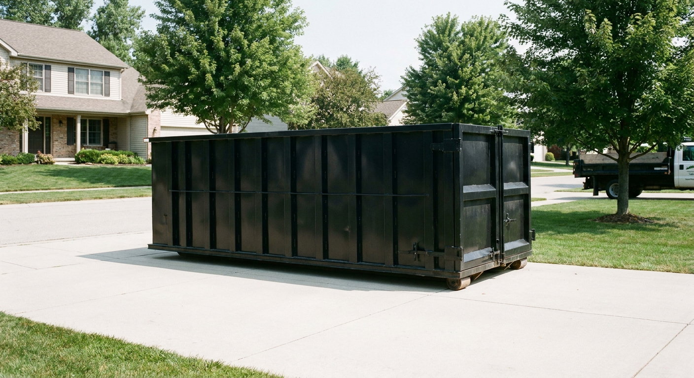 Matte-black 20-yard roll-off dumpster sitting level on a clean Miramar residential concrete driveway under bright daylight, demonstrating clean placement directly on the concrete.
