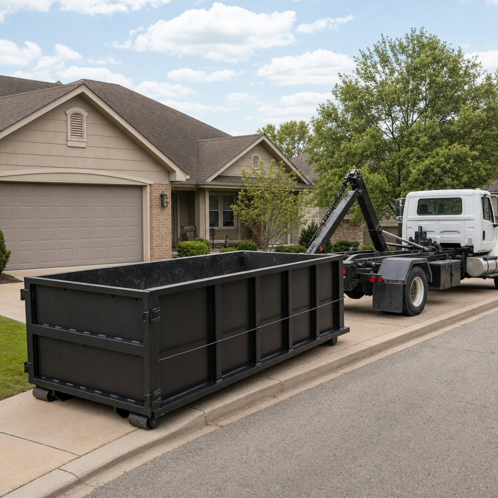 Wide documentary shot of a matte-black roll-off dumpster on a Miramar residential driveway in the foreground and a contractor jobsite container in the soft-focus background, bright daylight, calm and orderly composition.