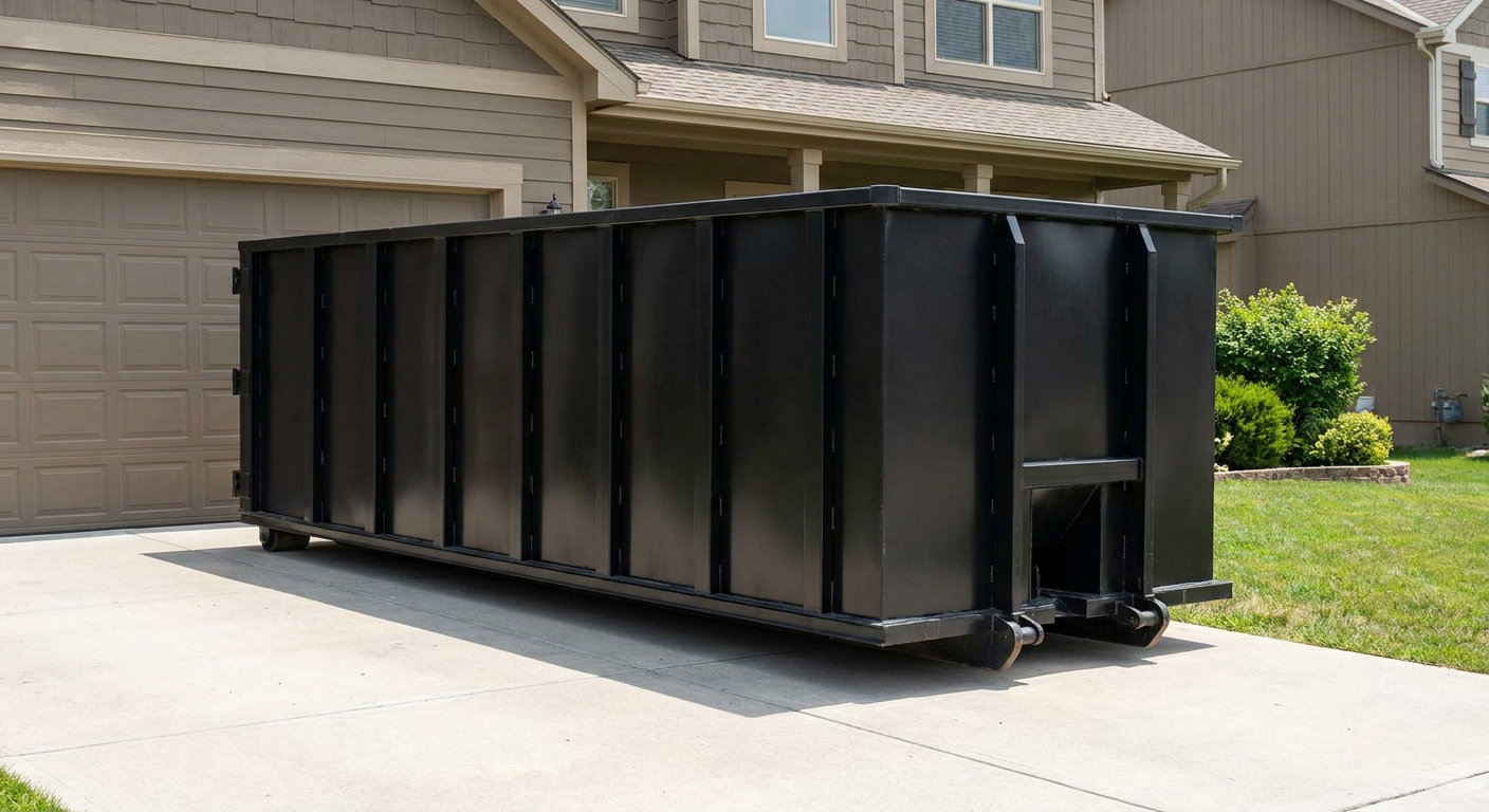 Matte-black residential roll-off dumpster sitting directly on a suburban Miramar concrete driveway, garage door closed, single-family home in background, bright morning daylight.