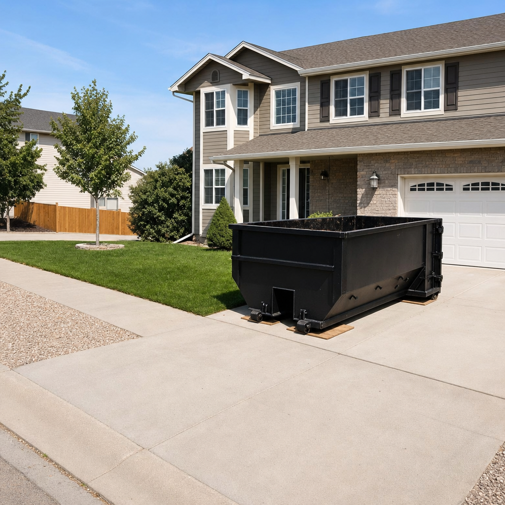 10-yard matte-black residential dumpster placed directly on a narrow Miramar concrete driveway, room remains for a parked sedan beside it, mid-morning natural light