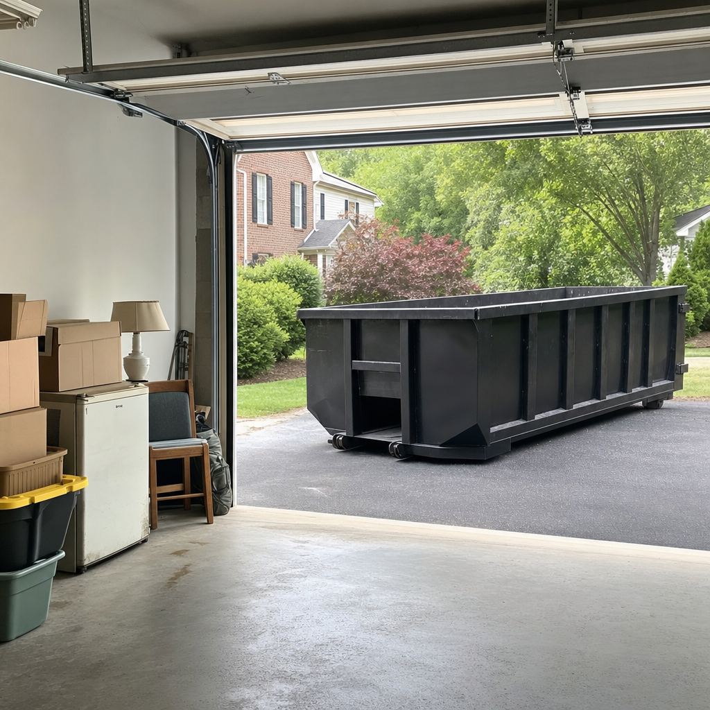 Open garage interior in a Miramar home mid-cleanout — boxed items, an old appliance, and stacked yard tools queued near the driveway for a matte-black roll-off dumpster, organized and calm