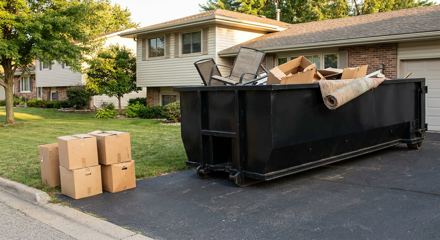 Front-yard view of a Miramar split-level home with a 20-yard matte-black roll-off dumpster sitting directly on the asphalt driveway, a few clearly labeled donation boxes staged at the curb, calm sunny afternoon.