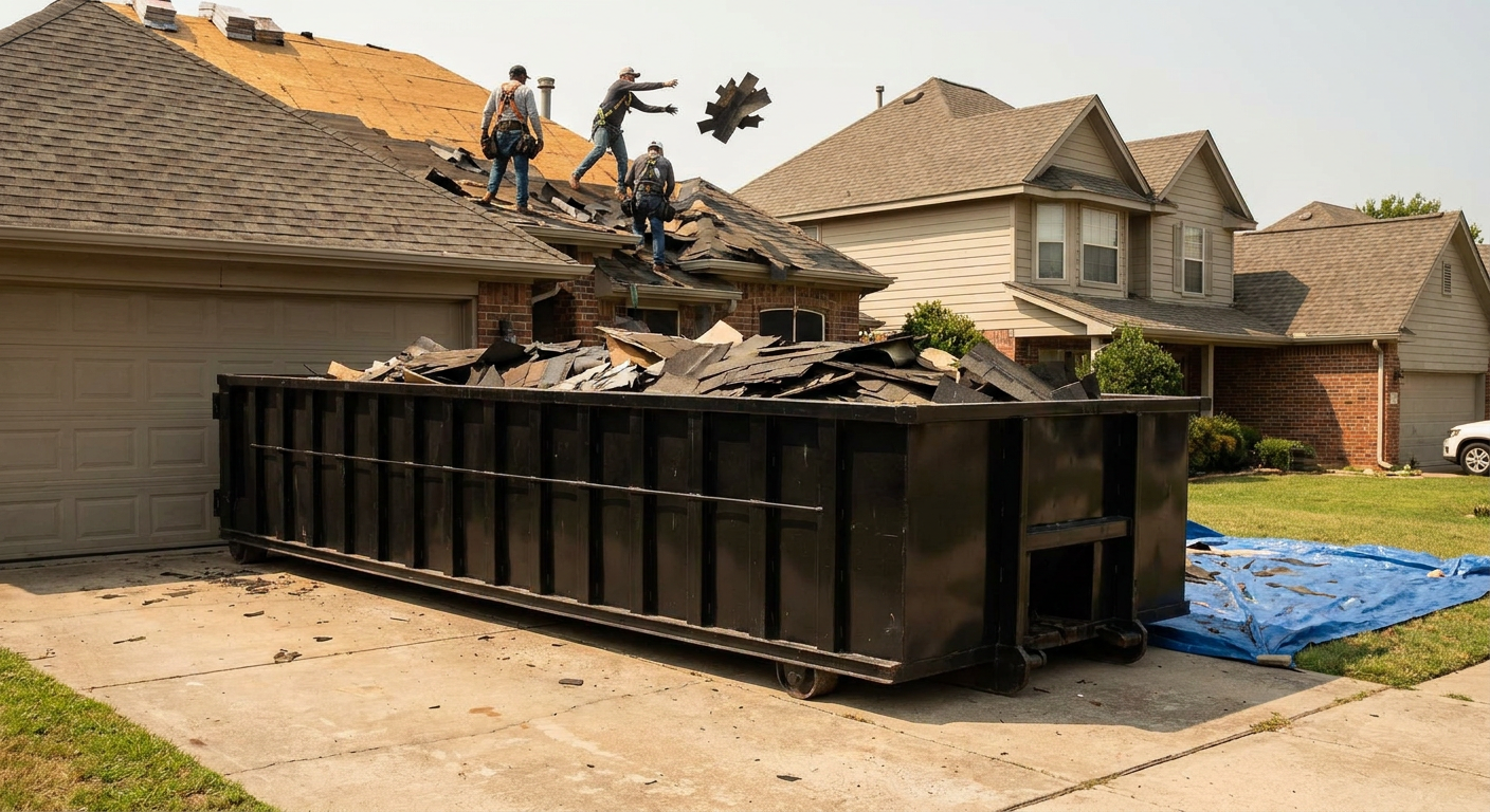 Matte-black roofing roll-off dumpster placed directly on a Miramar residential concrete driveway, a tear-off crew on a two-story asphalt-shingle roof tossing shingle bundles into the low-walled container, bright daylight, documentary 35mm perspective.