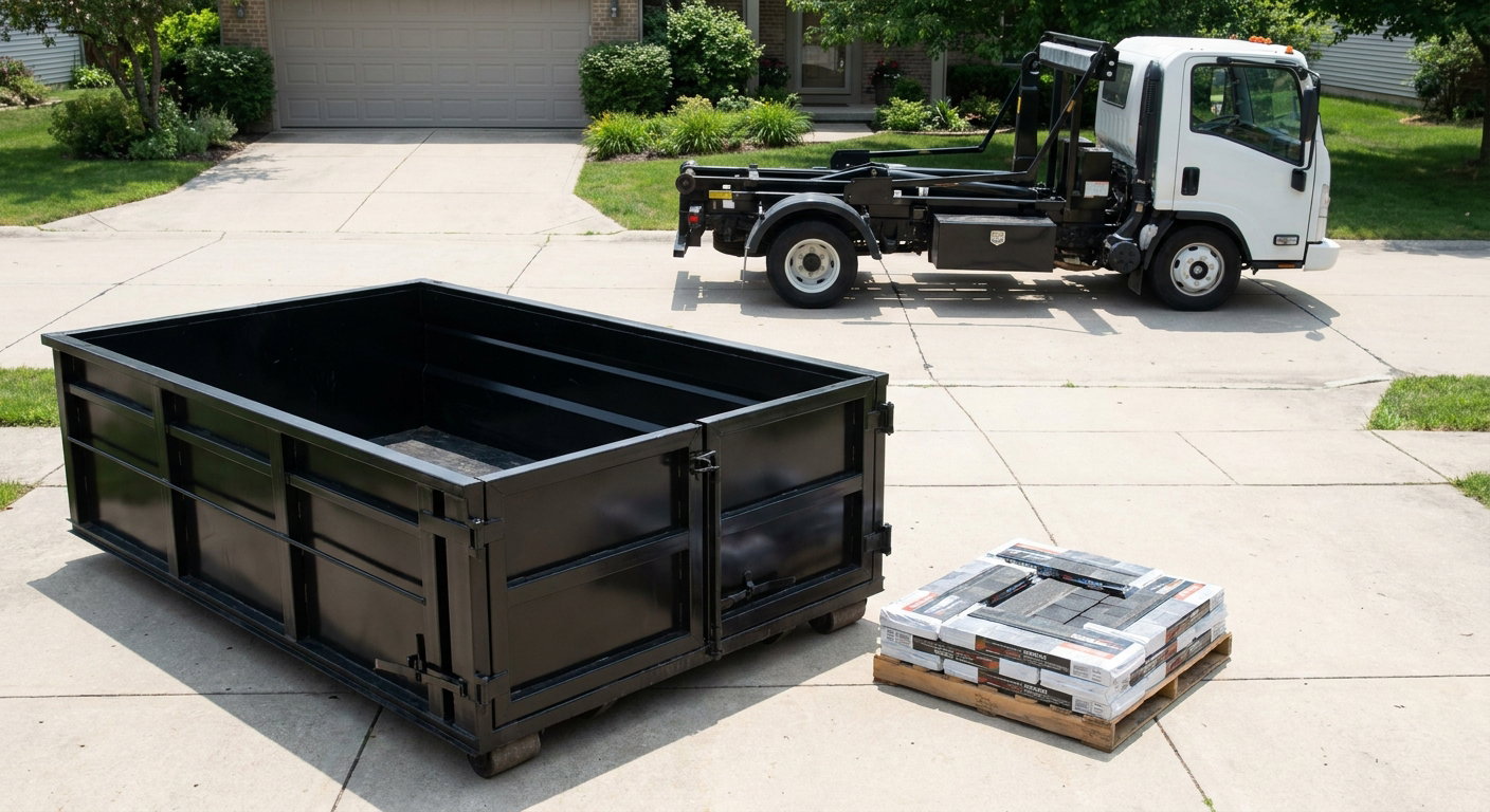 Matte-black 15-yard roofing roll-off dumpster with reinforced low side walls sitting directly on a Miramar residential concrete driveway, three-tab asphalt shingle bundles stacked nearby, an unmarked white hauler truck partially visible at the edge of the frame.