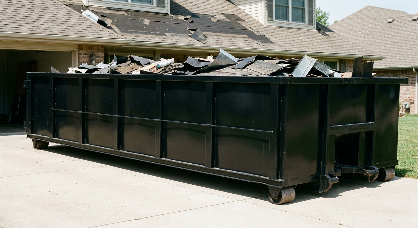 Matte-black 20-yard roofing roll-off dumpster with steel ribbed sides and swinging rear door, sitting directly on the concrete driveway of a two-story Miramar home, asphalt shingle debris being loaded over the low wall, clean documentary lighting.