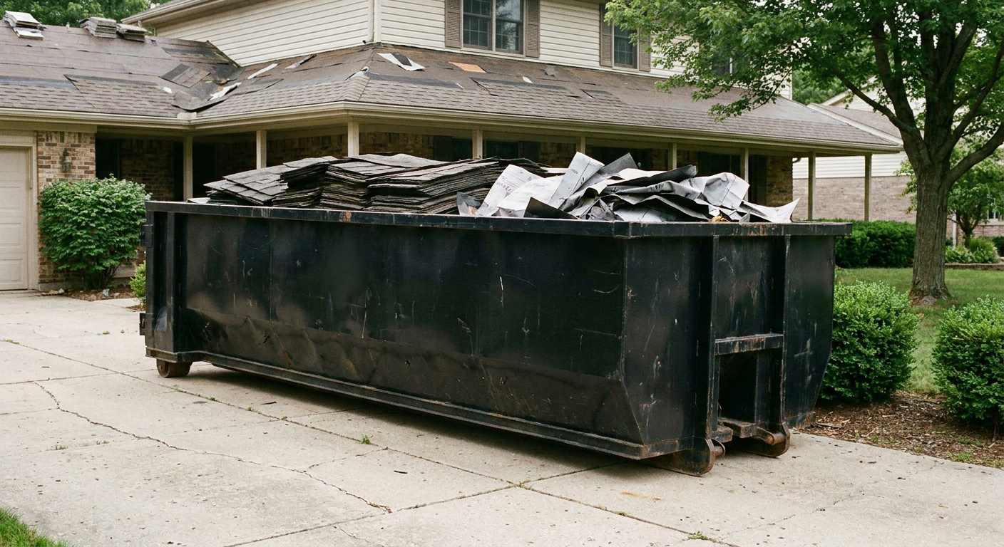 Matte-black 30-yard roofing roll-off dumpster sitting directly on a Miramar concrete driveway, taller ribbed steel side panels, mixed tear-off debris of asphalt shingles and underlayment inside, professional documentary daylight.