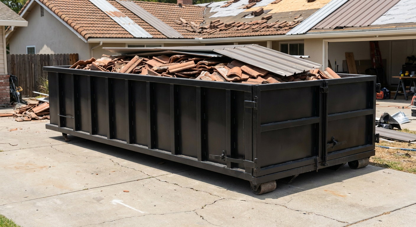 Matte-black low-wall heavy-debris roofing roll-off dumpster sitting directly on a Miramar concrete driveway, broken concrete clay roof tiles and metal panel sections loaded inside, reinforced ribbed steel side walls visible, bright outdoor daylight.