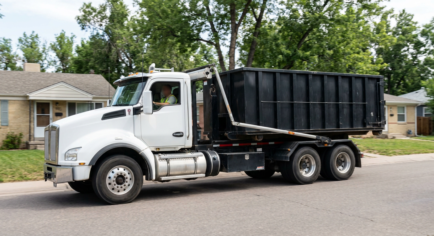 A wide documentary shot of a matte-black roll-off delivery truck pulling onto a quiet Miramar residential street at mid-morning, with neighborhood rooftops and tree-lined blocks visible behind, showing the metro coverage footprint.