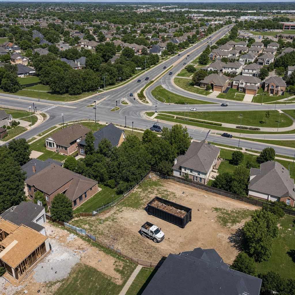 An overhead documentary view of the Miramar metro area at midday, showing the spread of neighborhoods, arterial roads, and the dispatch radius from a central yard — clean daylight, organized geographic layout.