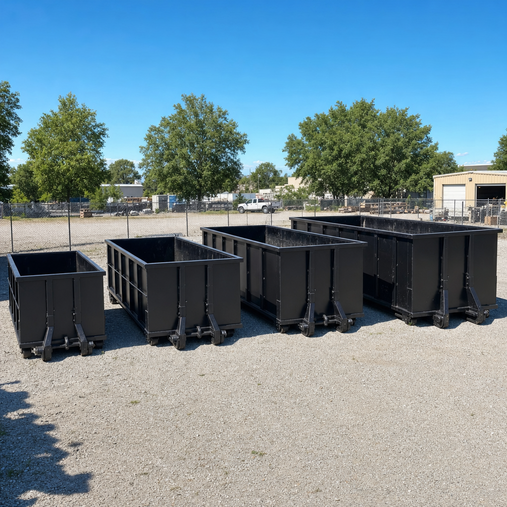 A clean lineup of matte-black roll-off dumpsters in 10, 20, 30, and 40-yard sizes staged on a sunlit gravel yard in Miramar, showing the size progression from compact to commercial-scale containers.