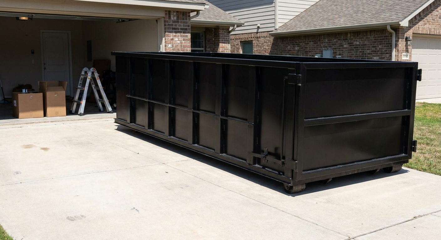 A matte-black 10-yard roll-off dumpster sitting directly on a residential Miramar concrete driveway, mid-day sunlight, clean and ready for a garage cleanout.