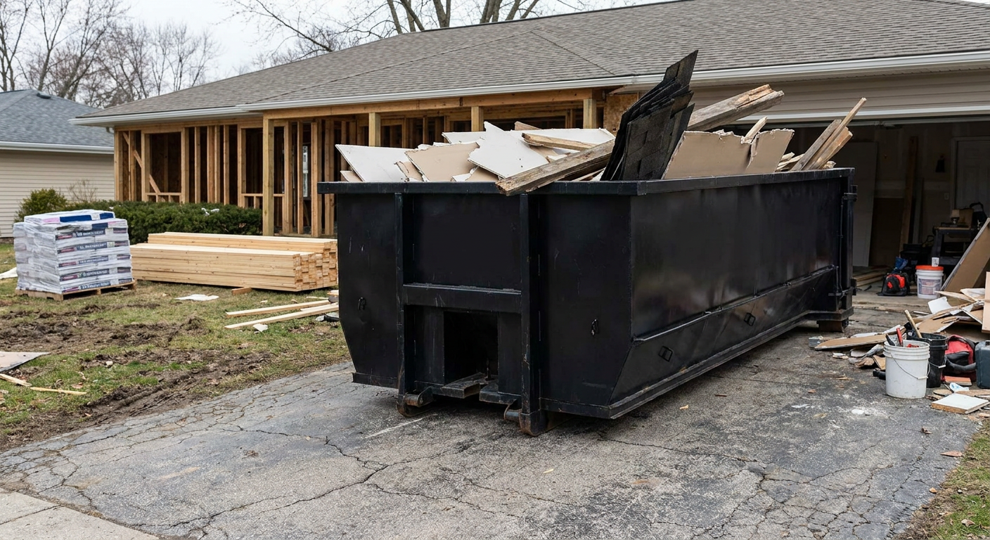 A matte-black 20-yard roll-off dumpster placed alongside a mid-renovation Miramar home directly on the asphalt driveway, with framing materials and torn-off shingles staged neatly nearby.