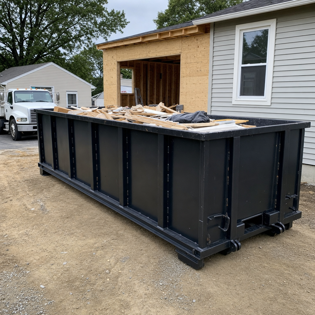A matte-black 30-yard roll-off dumpster positioned at a Miramar residential addition jobsite, with framing lumber and drywall scraps loaded through the open swinging rear doors.