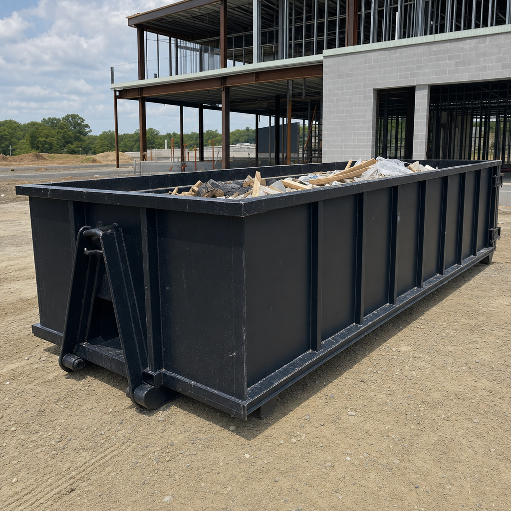 A matte-black 40-yard roll-off dumpster staged on a large Miramar commercial construction lot, with a hooklift delivery truck parked alongside under bright midday sky.