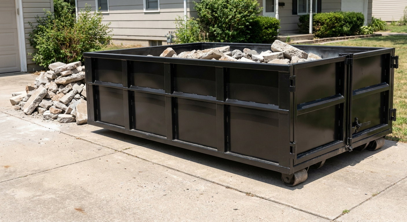 A matte-black low-side heavy-debris roll-off dumpster placed directly on a Miramar concrete driveway, with broken concrete chunks neatly stacked beside it under clean daylight.
